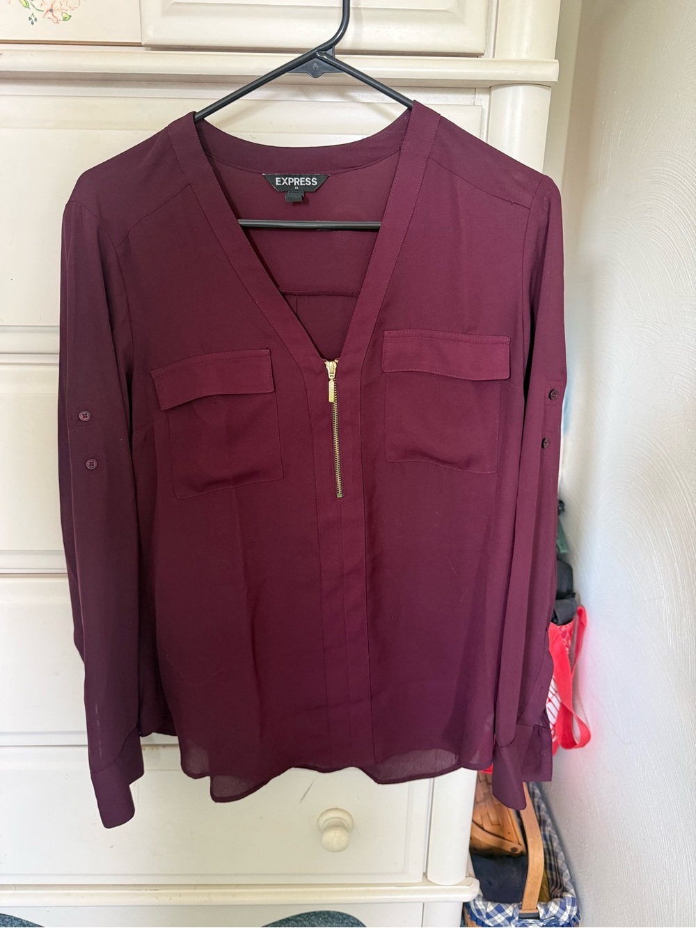 Express Burgundy V-Neck Zip Front Blouse
